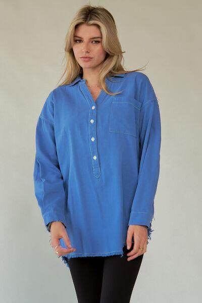 Davi &amp; Dani Letter Back Raw Hem Half Button Shirt Chic