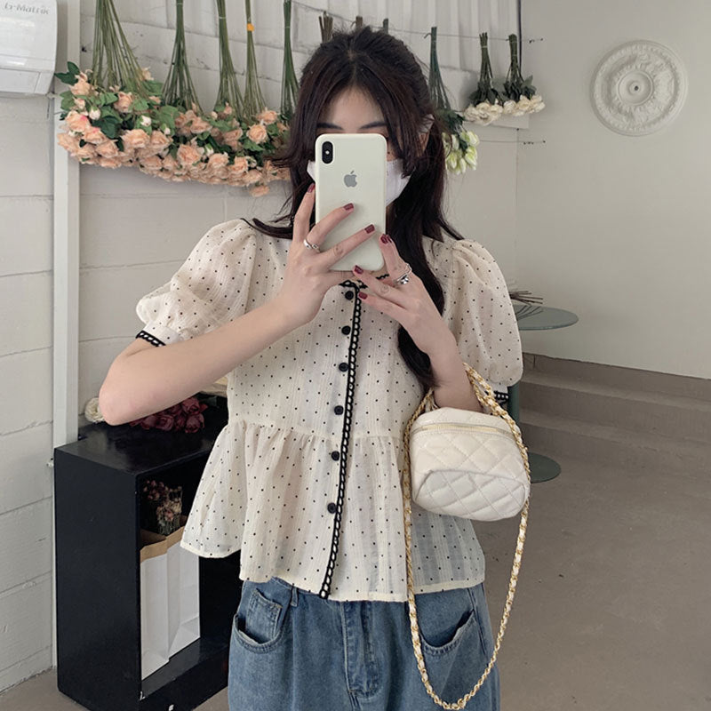 Summer Sweet And Feminine Loose-fitting Polka-dot Short-sleeve Top