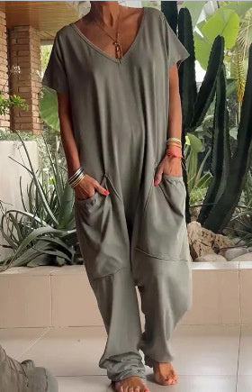Oversized V-neck Pocket Jumpsuit