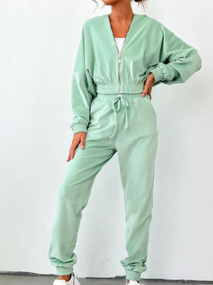 Zip Up Long Sleeve Top and Pants Set
