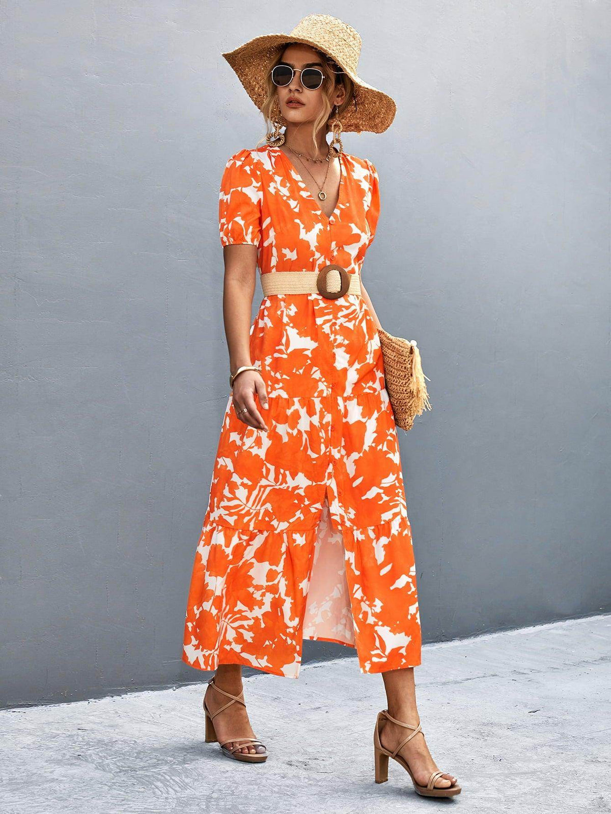 V-Neck Short Sleeve High Slit Midi Dress for Chic Style