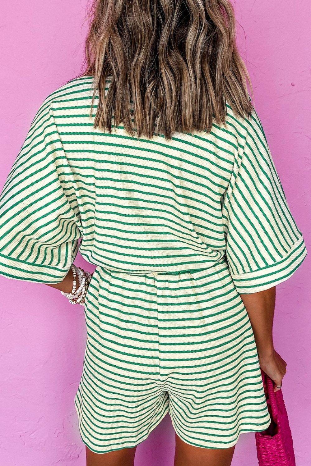 Striped Half Sleeve Tie Waist Romper