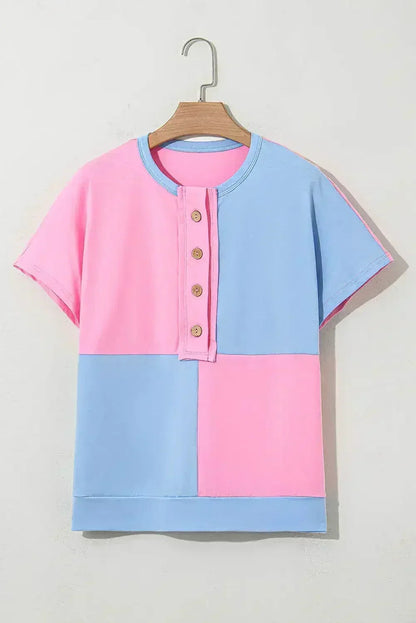 Mint Green Colorblock Half Buttons Henley T Shirt