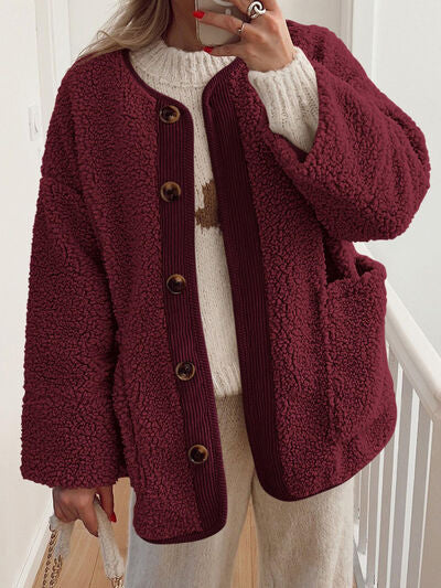 Modern Cozy Women Luxuriously Cozy Contrast Button Up Sherpa Jacket with Pockets For Fall &amp; Winter