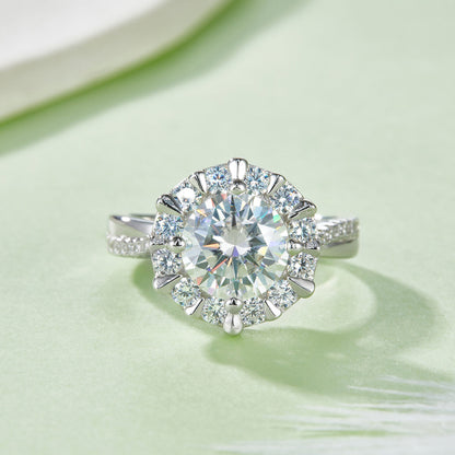 S925 Sterling Silver 2ct Moissanite Ring, 8mm D-VVS1 Sunflower Halo Setting, Platinum Plated 5.3g US Sizes 5-9 GRA Gift Box