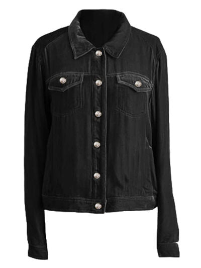 Casual Button-Up Long Sleeve Jacket with Chest Pockets and Relaxed Fit