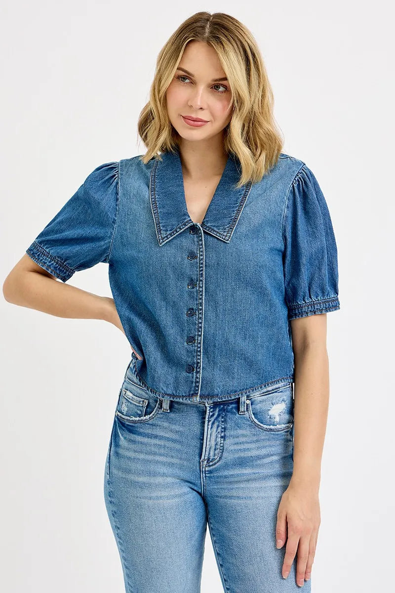 RISEN Button Down Puff Sleeve Crop Denim Shirt