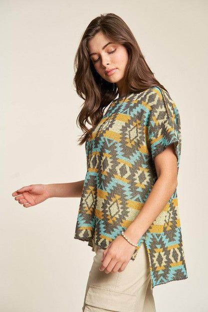Davi &amp; Dani High-Low Geometric Round Neck Knit Top Stylish