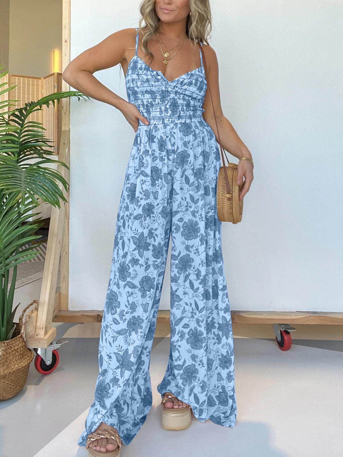 Full Size Printed Spaghetti Strap Wide Leg Jumpsuit for Women