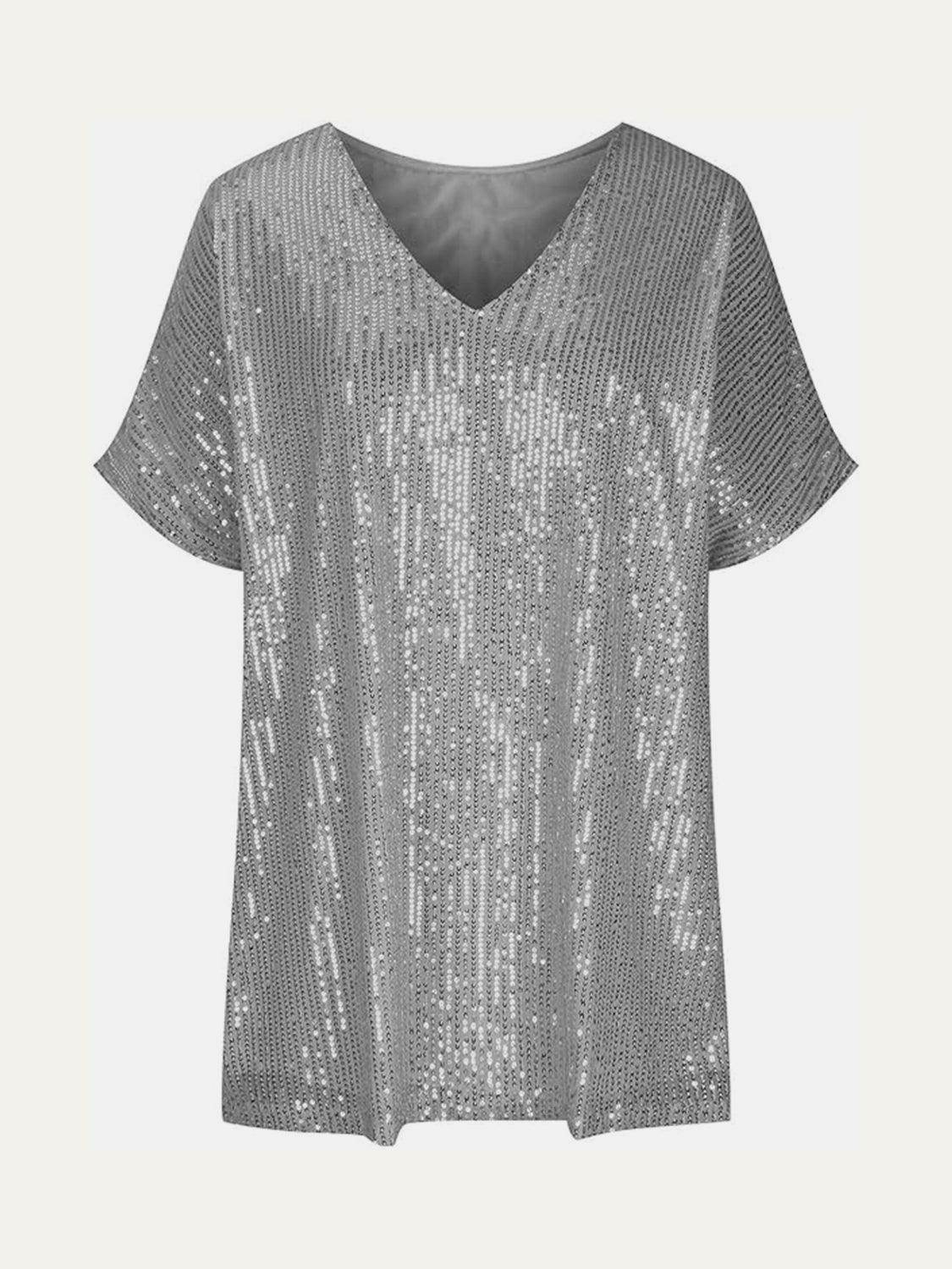 Full Size Sequin V-Neck Short Sleeve Top for Women