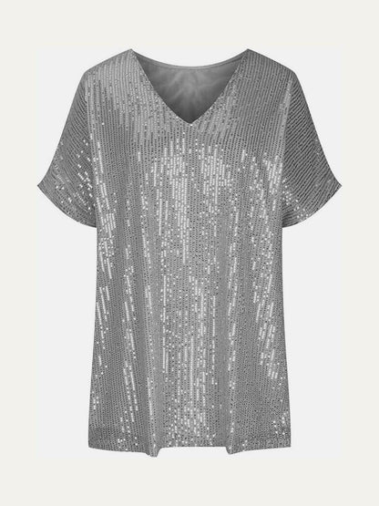 Full Size Sequin V-Neck Short Sleeve Top for Women