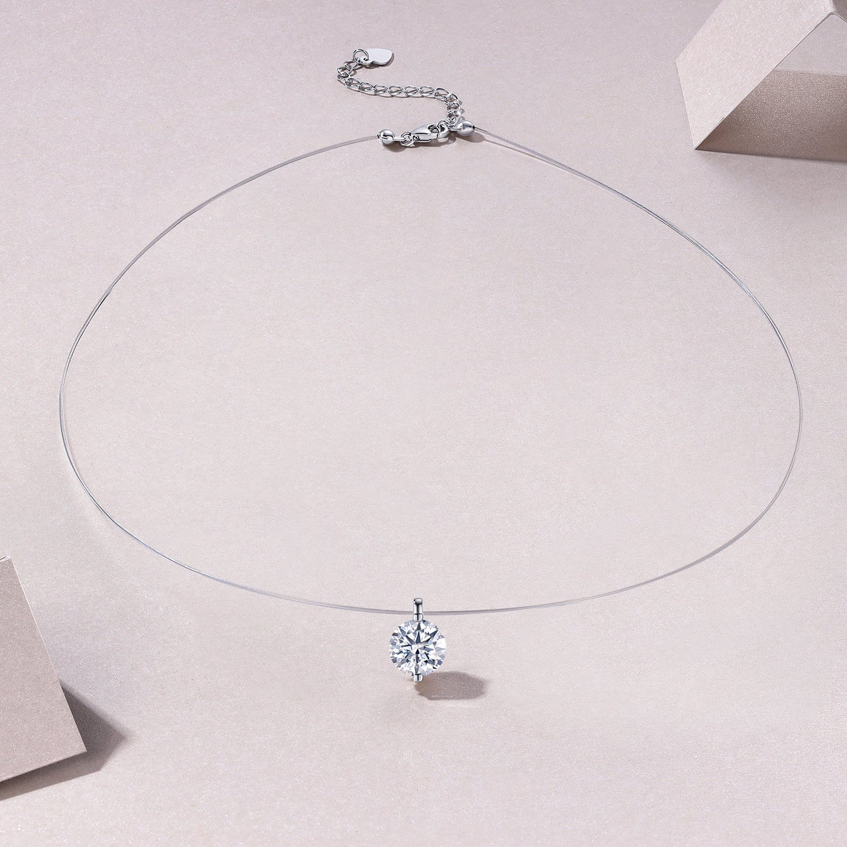 S925 Sterling Silver Invisible Necklace, 1&amp;2&amp;3ct D-VVS1 Moissanite Solitaire Pendant, Platinum Plated 40&amp;46cm Chain, GRA Certified Gift Box
