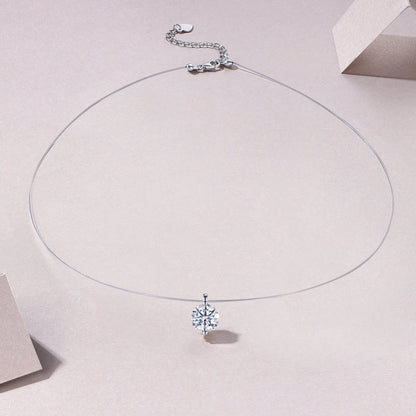 S925 Sterling Silver Invisible Necklace, 1&amp;2&amp;3ct D-VVS1 Moissanite Solitaire Pendant, Platinum Plated 40&amp;46cm Chain, GRA Certified Gift Box