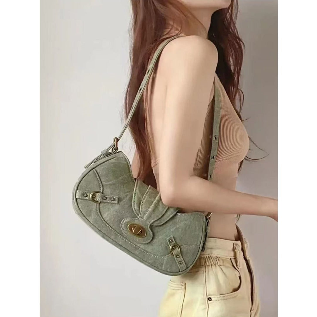Vintage Army Green Splicing Armpit Bag – Stylish Small Shoulder Purse, Versatile Spring Spice Girl Bag &amp; Handbag  hobo
