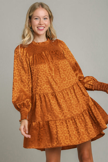 Smocked Leopard Long Sleeve Tiered Dress – Smocked Bodice, Bold Leopard Print, Tiered Design, Frill Details, Chic Dress for Casual and Semi-Formal Occasions