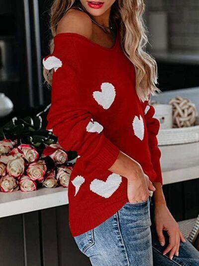 Heart Scoop Neck Long Sleeve Sweater for Women Cozy Style