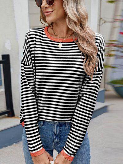 Striped Contrast Round Neck Long Sleeve Sweater for Women