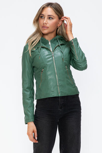 Women Classic Snobbish Faux Leather Zip-Up Drawstring Hooded Jacket Edgy &amp; Casual PU Leather Jacket For Streetwear