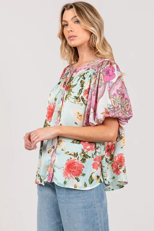 SAGE+FIG Plus Size Floral Mineral Wash French Terry Button Up Shirt