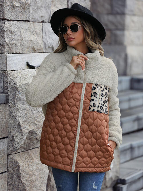 Unique Autumn Leopard Color Block Zip-Up Jacket Trendy Lightweight Jacket with Pockets Charming Winter Jacket