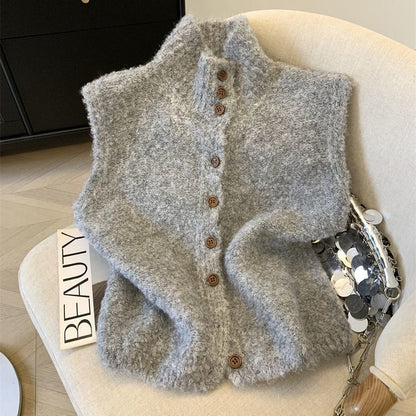 Korean-style Refined High-neck Single-breasted Solid Color Knitted Vest