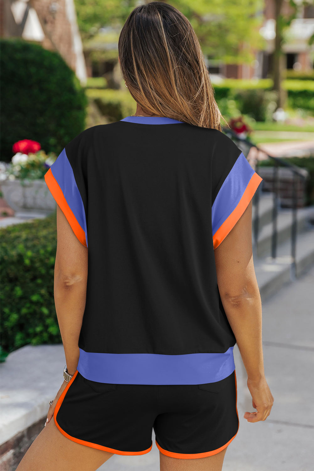Polyester Two-Piece Set with Contrast Top &amp; Shorts