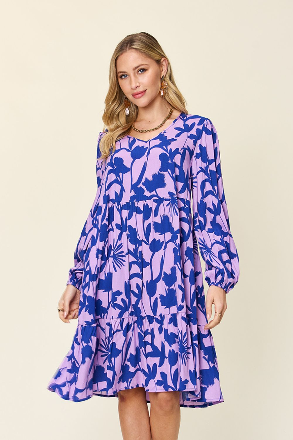 Double Take Full Size Printed Ruffle Hem Dress with Pocket Stylish &amp; Functional Women Dress