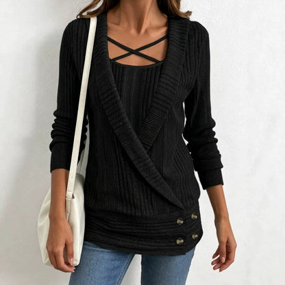 Womens Ribbed Long-sleeve Knit Undershirt With Crisscross Straps