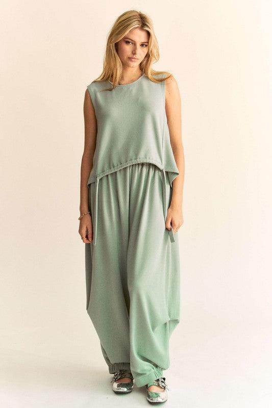 Davi &amp; Dani Drawstring Hem Round Neck Tank and Pants Set