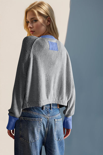 Back To School Sweater - Double Take Contrast Button Up Long Sleeve Cardigan