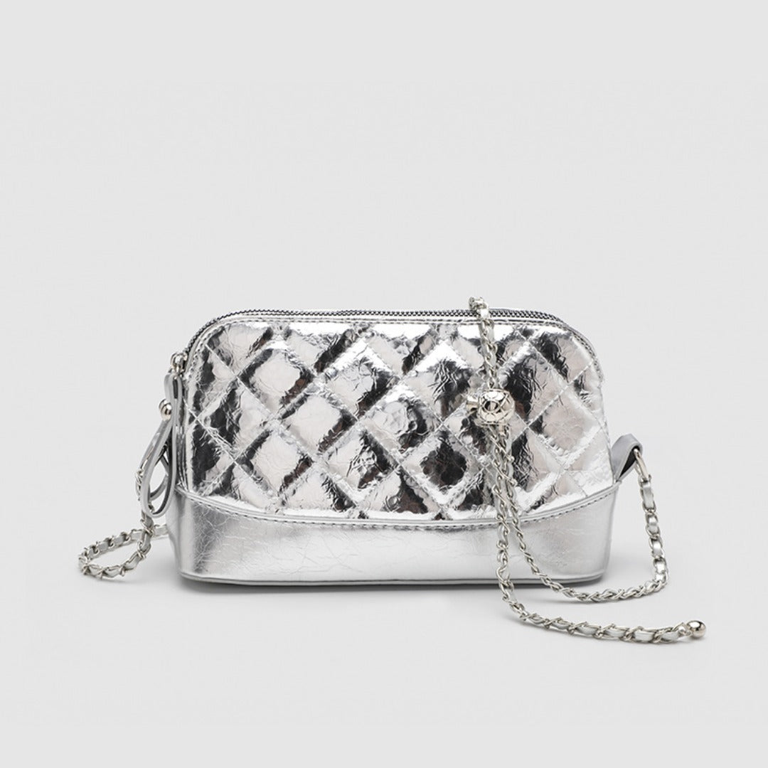 Simple chain bag, silver metallic shoulder Crossbody bag, fashionable small diamond bag women