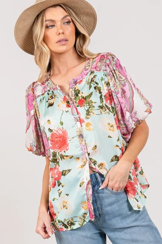 SAGE+FIG Plus Size Floral Mineral Wash French Terry Button Up Shirt