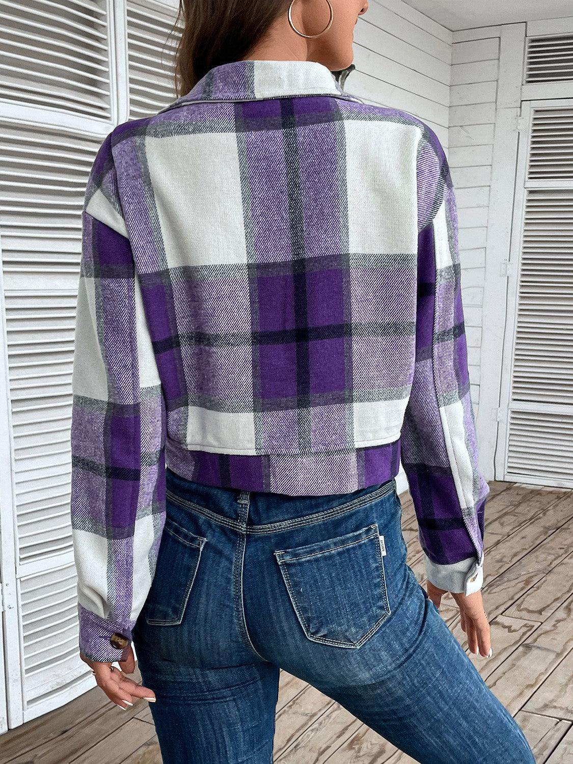 Perfee Plaid Button Up Drop Shoulder Cropped Jacket for Women