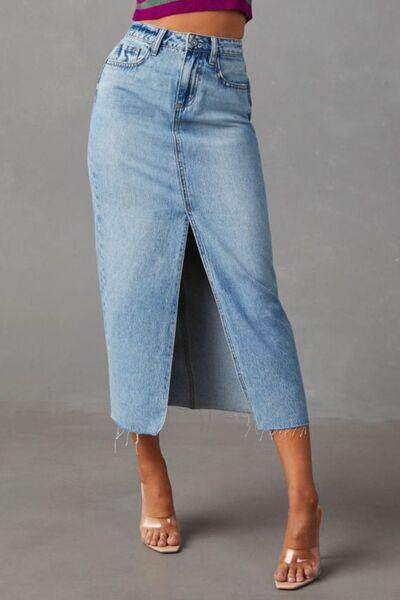 Slit Raw Hem Midi Denim Skirt for Effortless Style