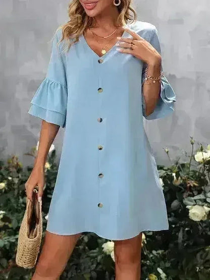 V-Neck Mini Dress – Ruffled Detail &amp; Decorative Buttons
