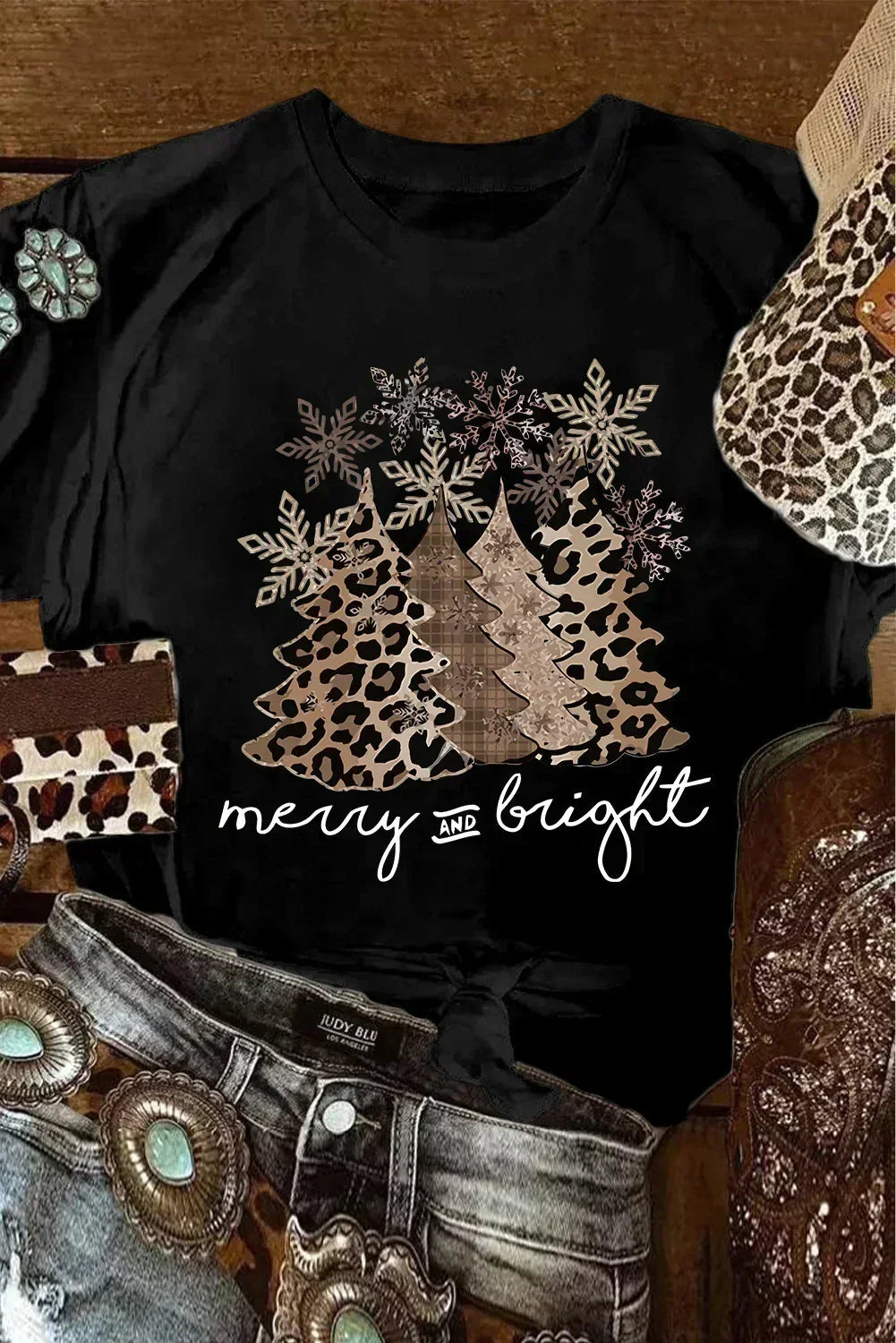 White Leopard Christmas Tree Graphic Tee – Festive &amp; Fierce Crewneck