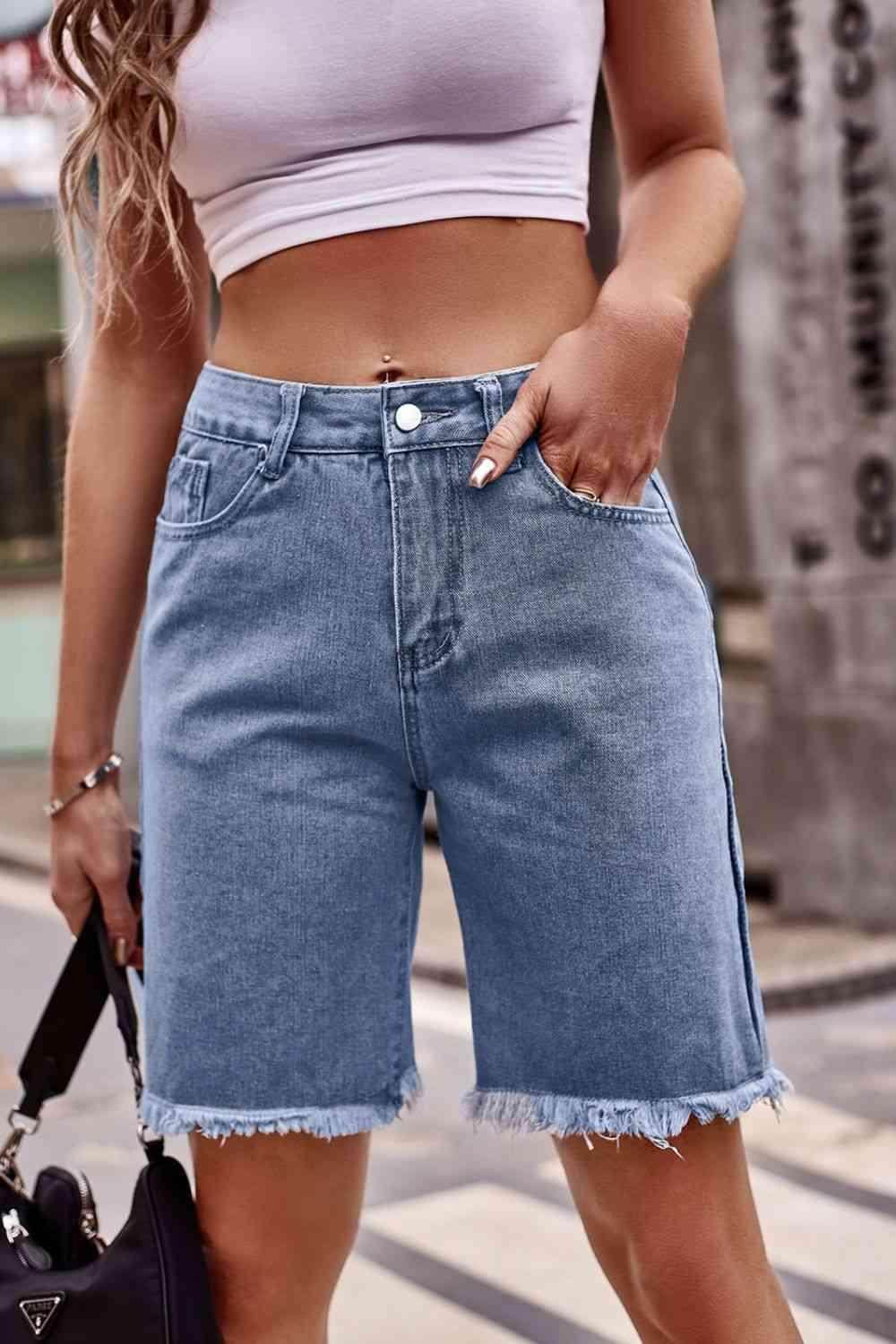Raw Hem Denim Shorts with Pockets for Casual Chic Style