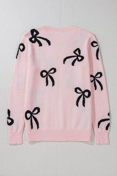 Bow Pattern Round Neck Loose Fit Sweater for Women