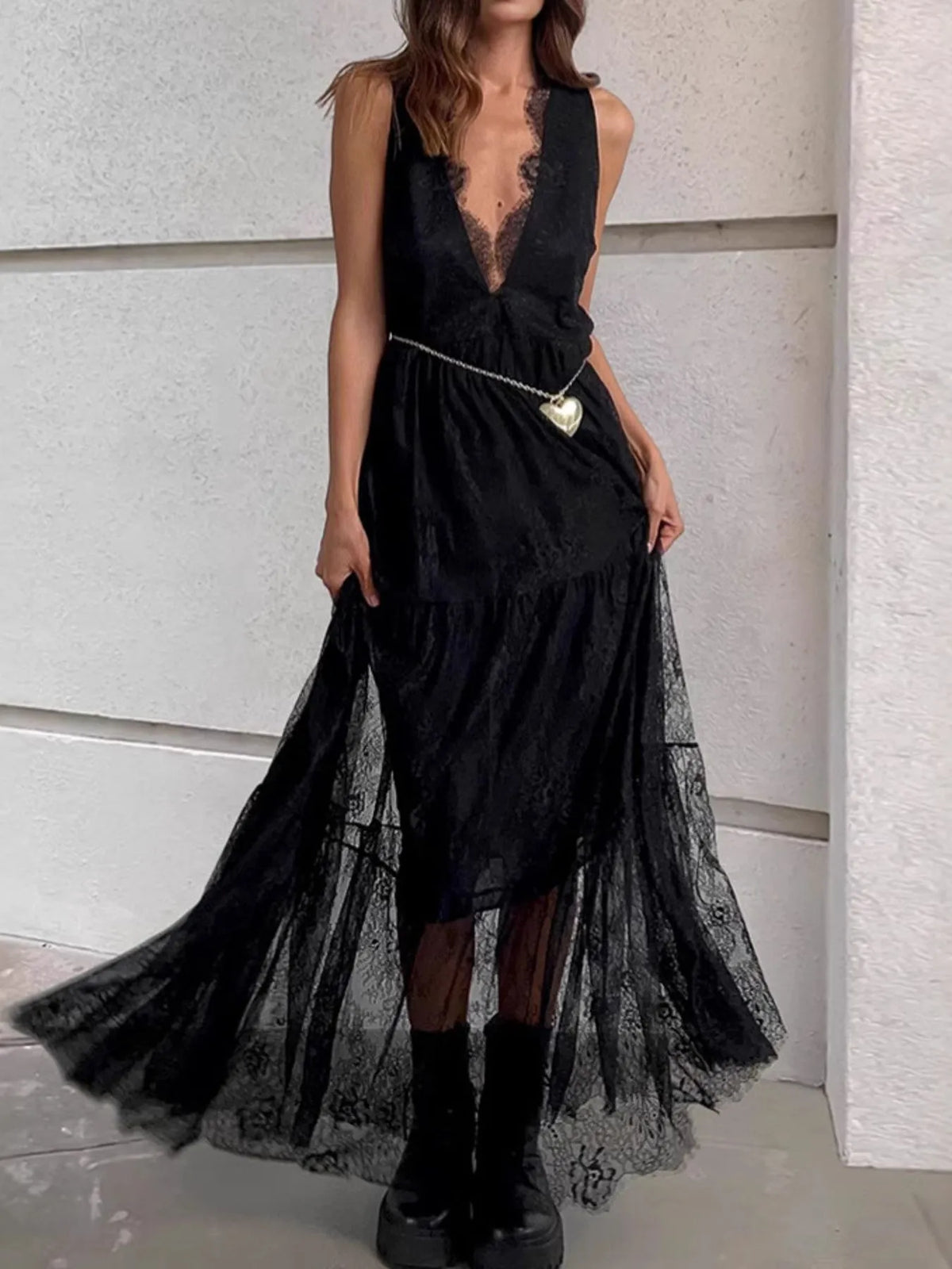 Lace Deep V-Neck Maxi Dress
