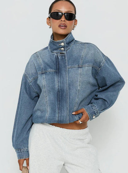 Loose Washed Denim Cross-BorderRetro Stand-Collar Jacket