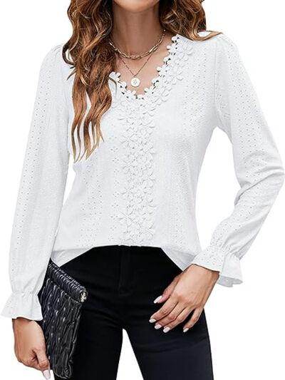 Lace Detail Eyelet V-Neck Flounce Sleeve Blouse for Women