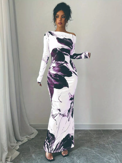 Floral One Shoulder Long Sleeve Maxi Dress