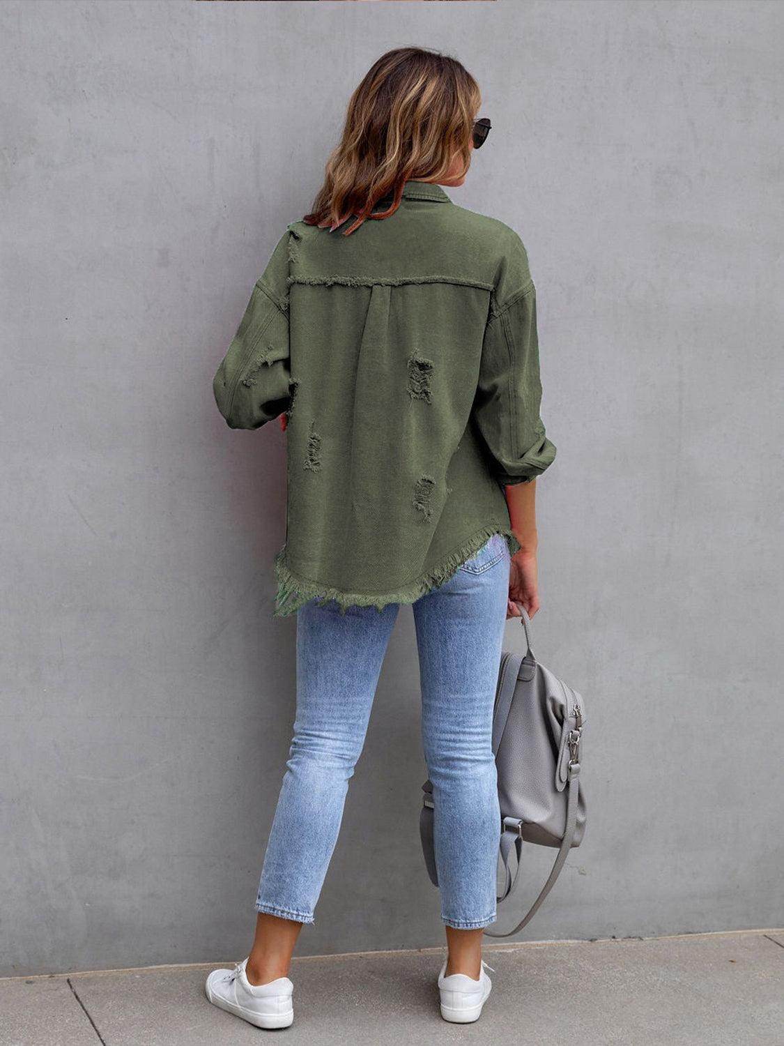 Distressed Drop Shoulder Denim Jacket for Casual Style