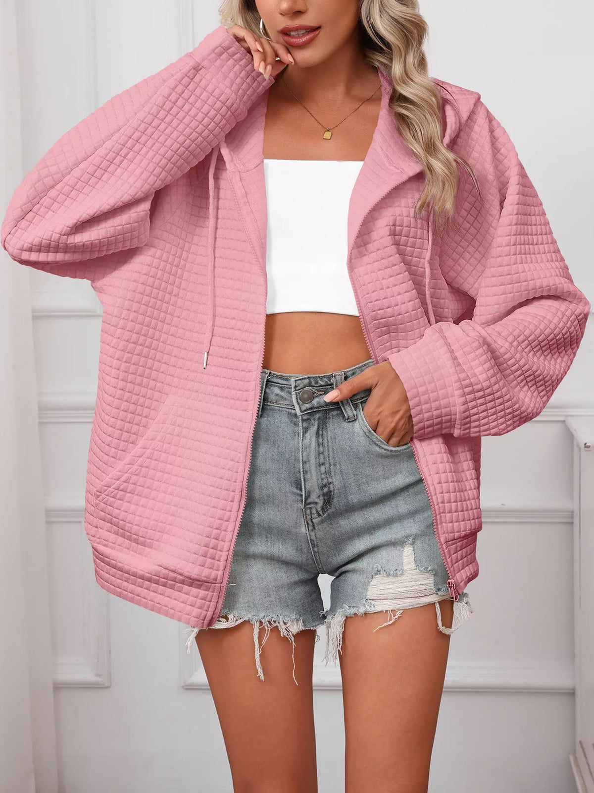 Full Size Textured Quilted Zip-Up Hooded Jacket Plus Size
