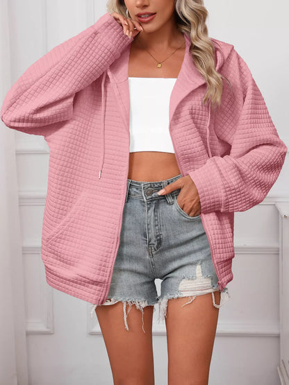 Full Size Textured Quilted Zip-Up Hooded Jacket Plus Size