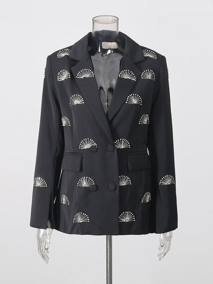 Rhinestone Fan Motif Double Breasted Notched Lapel Tailored Blazer Jacket