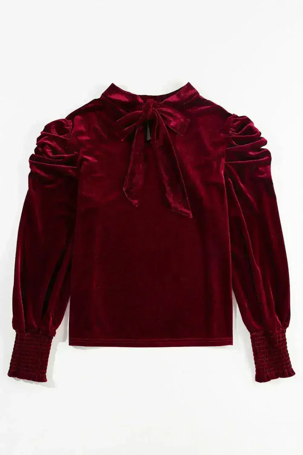 Fiery Red Velvet Blouse - Mock Neck &amp; Puff Sleeves | Femstylo
