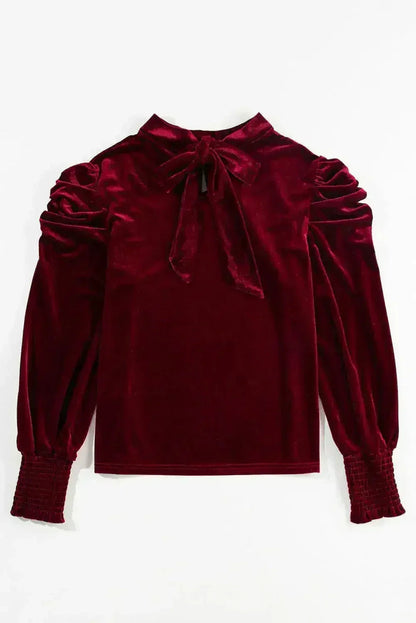 Fiery Red Velvet Blouse - Mock Neck &amp; Puff Sleeves | Femstylo