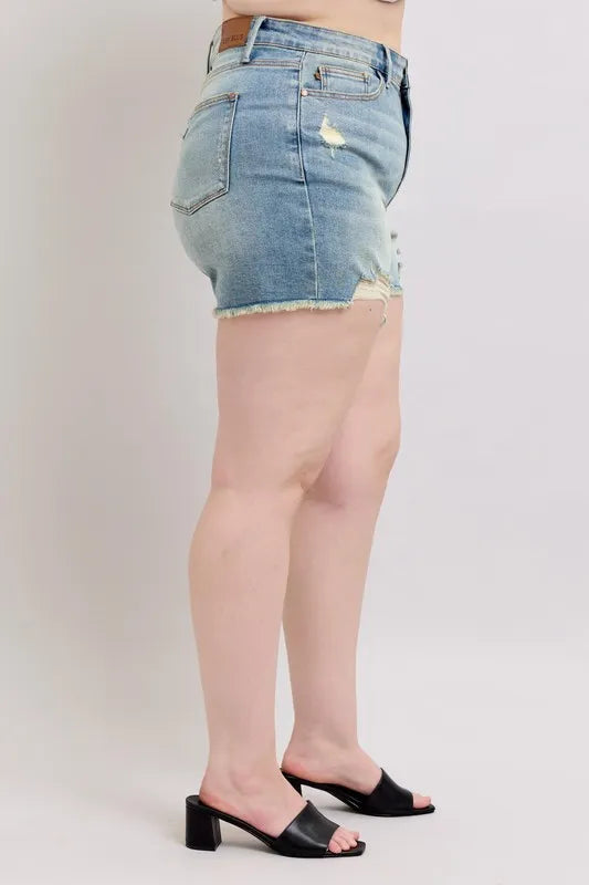 Judy Blue Full Size High Rise Washed Fly Stitch Detail and Destroy Denim Shorts Plus Size