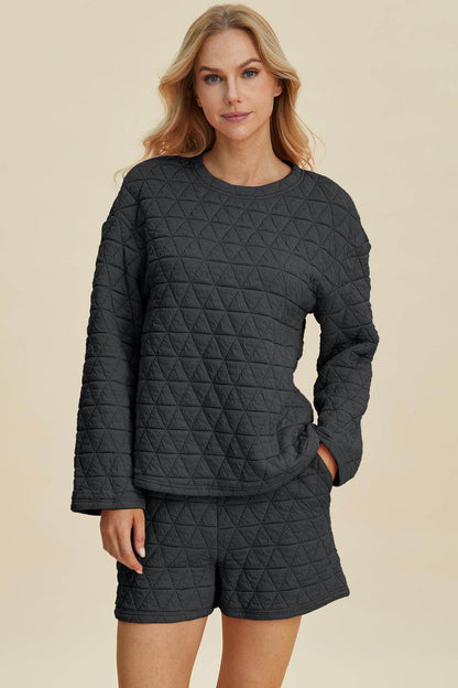 Double Take Full Size Texture Round Neck Long Sleeve Top and Shorts Set for Women